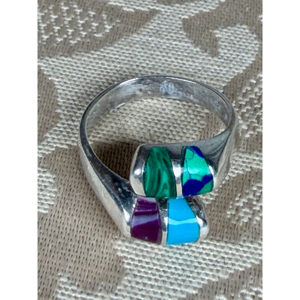 Vintage Mexico 925 Sterling Silver Multi Stone Inlay Bypass Ring Colorful Size 8